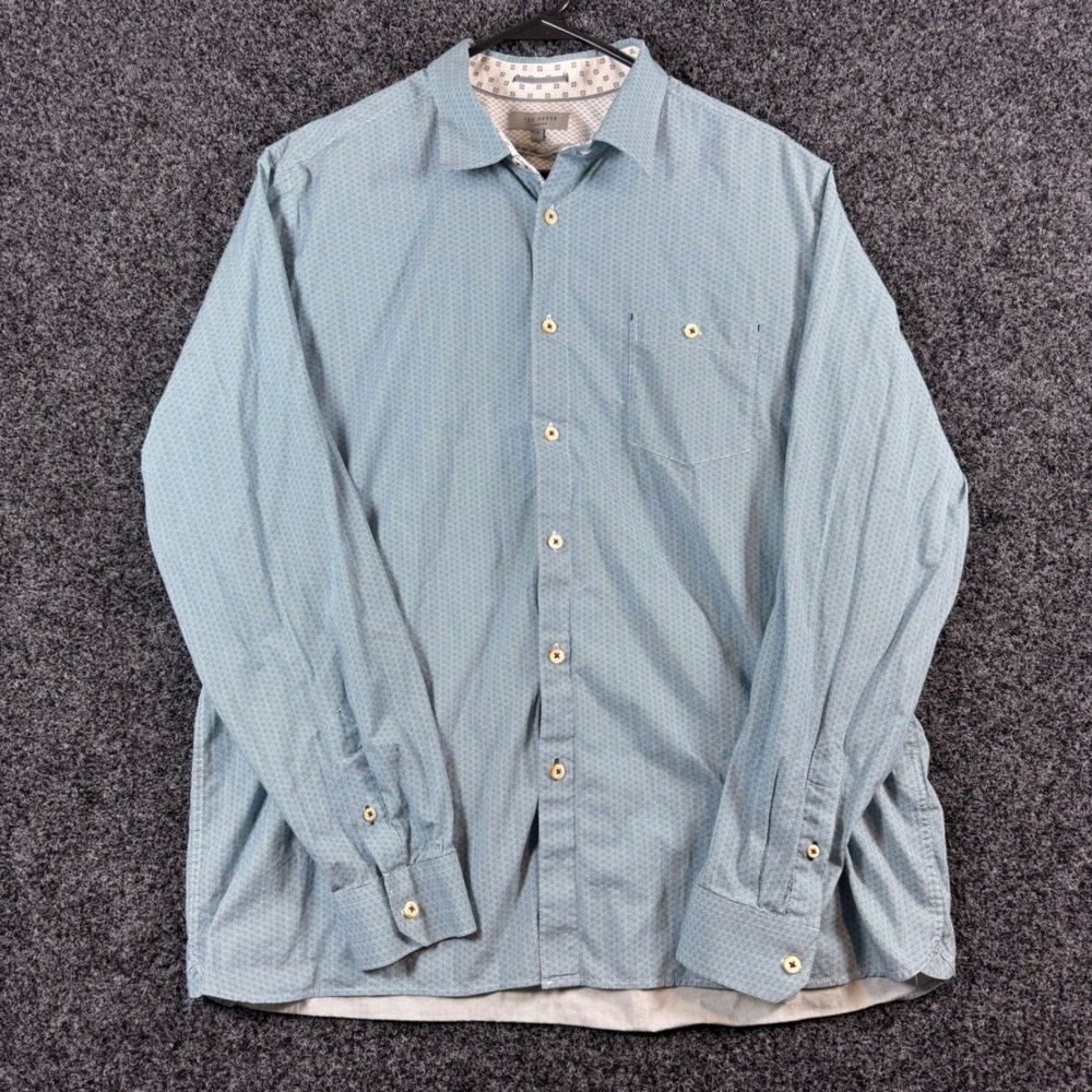 Ted Baker London Mens Blue Geometric Hexagon Print‎ Button Down Shirt Size 7 XXL